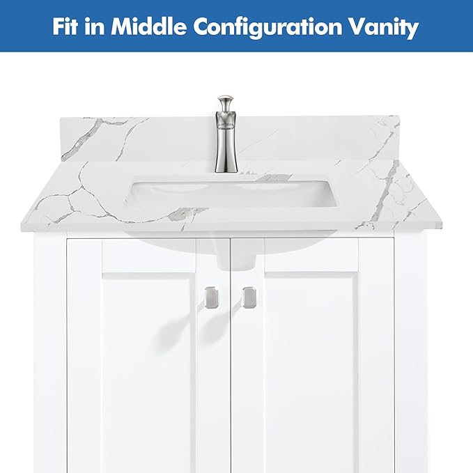 30 in.W x 22 in.D Quartz Calacatta River Vanity Top,with Undermount Middle Sink Vanity Top,with One Sidesplash & One Backsplash,Single Faucet Hole Spread Bathroom Vanity Sink Countertop
