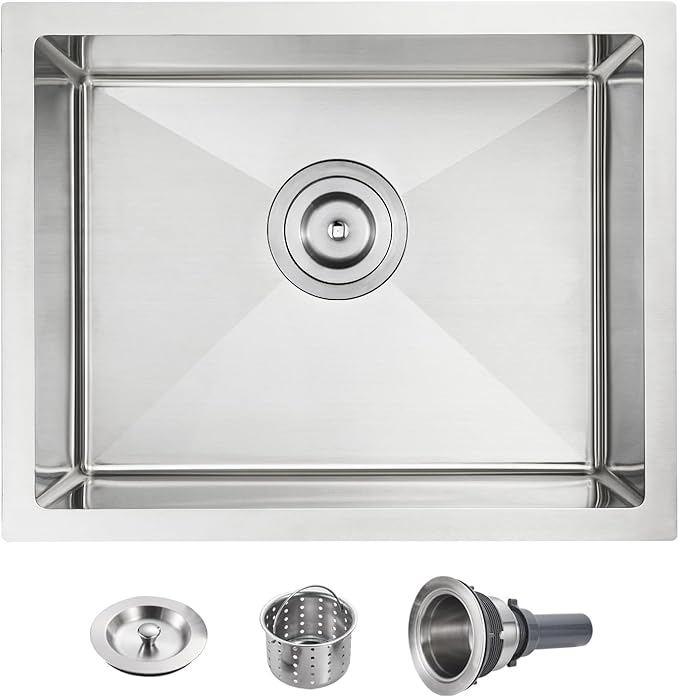 POPFLY 22×18 Inch Undermount Kitchen Sink, 18 Gauge SUS304 Stainless Steel Handmade Single Bowl Bar Prep 9 Inches Deep SInk with Accessories, Brushed Nickel