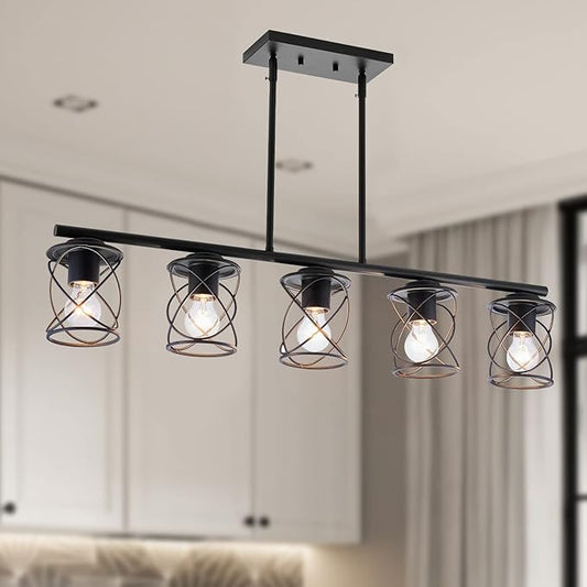 mavcadonf 5-Light UL Certified Farmhouse Linear Pendant Light, Black Metal Adjustable Kitchen Island Light with Sloped Ceiling Compatible, Dimmable Hanging Light for Dining Room Living Room Foyer