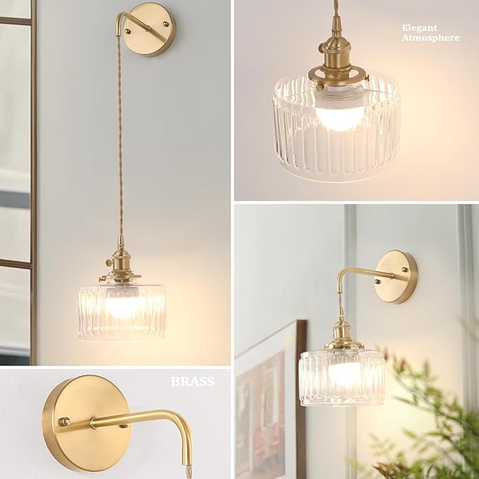 Shenmoyl Battery Operated Wall Sconce with Clear Striped Shade Pattern Glass Adjustable Chain Retro Gold Wall Mounted Light, Modern Wall Lamp Fixtures Decor for Bedside Bedroom Indoor Doorway