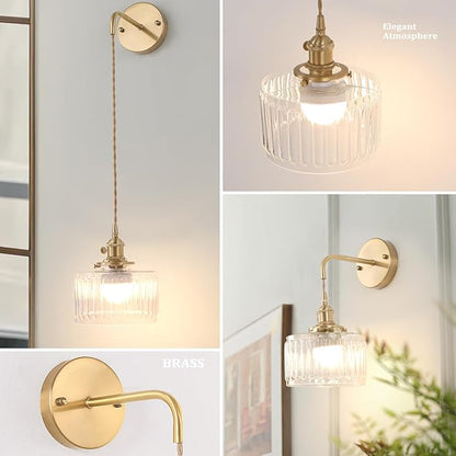Shenmoyl Battery Operated Wall Sconce with Clear Striped Shade Pattern Glass Adjustable Chain Retro Gold Wall Mounted Light, Modern Wall Lamp Fixtures Decor for Bedside Bedroom Indoor Doorway