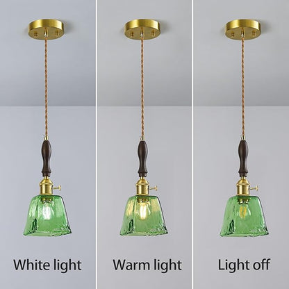 Green Glass Vintage Pendant Light Height Adjustable Handmade Glass Pendant Lights Kitchen Island Gold Hanging Light Fixture with Wood Handle for Bedroom Dining Room Hotel (3 Pack)