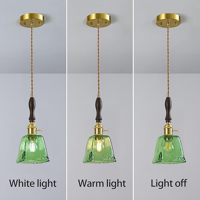 Green Glass Vintage Pendant Light Height Adjustable Handmade Glass Pendant Lights Kitchen Island Gold Hanging Light Fixture with Wood Handle for Bedroom Dining Room Hotel (2 Pack)