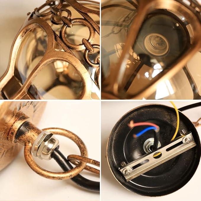 Retro Outdoor Pendant Light Industrial Vintage Outside Waterproof Ceiling Hanging Light Globe Glass Lampshade Aluminum Chandelier for Porch Garden Patio Farmhouse (Gold,18cm)