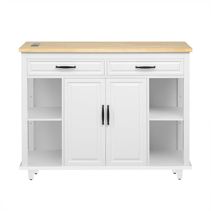 Modern Dining Table Extendable Kitchen Island with Rack Power Outlet Adjustable Sturdy Stable Easy Clean Counter Console Luxury Rubber Wood Veneer,White-MDF