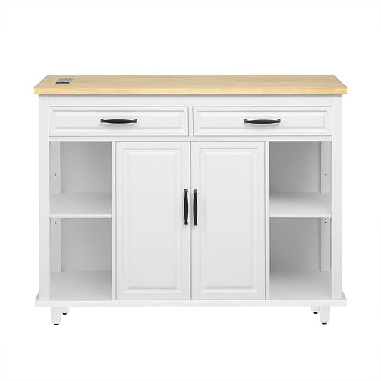 Modern Dining Table Extendable Kitchen Island with Rack Power Outlet Adjustable Sturdy Stable Easy Clean Counter Console Luxury Rubber Wood Veneer,White-MDF