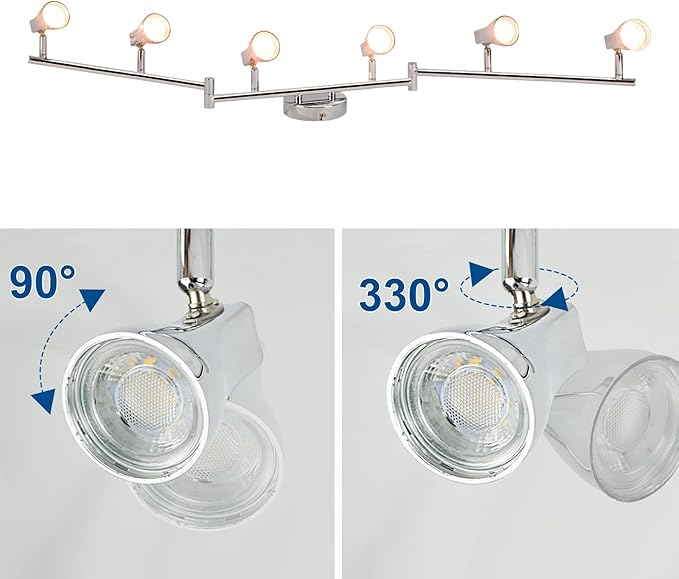 DLLT Modern LED Track Lighting Kit-6 Lights Adjustable Decorative Track Light Fixture, 6 Way Flush Mount Ceiling or Wall Spotlight for Kitchen, Dining Room, Hallway, Bedroom, Warm Light, Silver