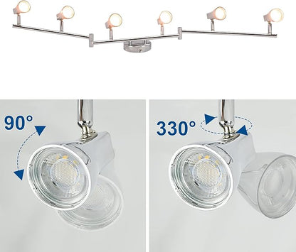 DLLT Modern LED Track Lighting Kit-6 Lights Adjustable Decorative Track Light Fixture, 6 Way Flush Mount Ceiling or Wall Spotlight for Kitchen, Dining Room, Hallway, Bedroom, Warm Light, Silver
