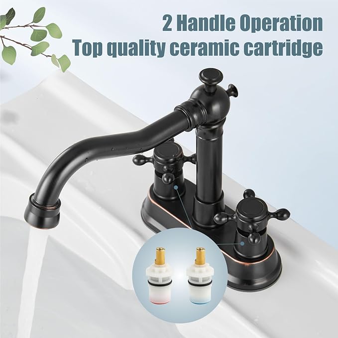 Aolemi 4 Inch Centerset Bathroom Sink Faucet Vintage 2 Cross Handle RV Mixer Tap Basin Vanity Lavatory Utility for Sink 3 Hole Include Hoses Pop Up Drain Faucet Handle Without Label Oil Rubbed Bronze