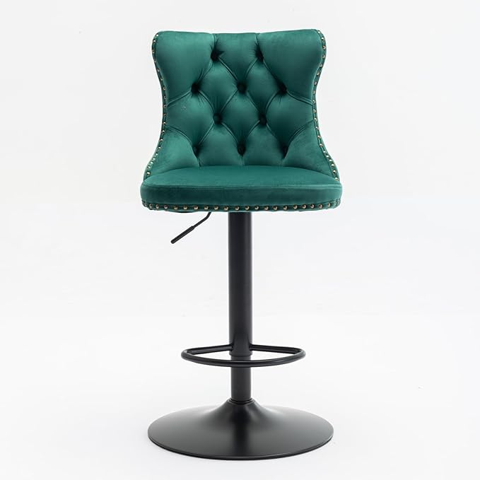 Swivel Velvet Bar stools Adjusatble Seat Height from 25 33 Inch,17.7inch Base, Upholstered Bar Stools with Backs Comfortable Tufted for Home Pub and Kitchen Island,Green,Set of 2,SW1812GN