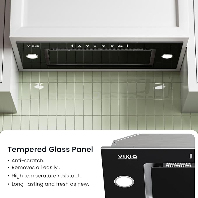VIKIO HOME Range Hood Insert 30 Inch - Built-in 900 CFM Ducted/Ductless Range Hood with 3 Speed Fan, Black Stainless Steel & Tempered Glass with Gesture Sensing &Touch Control for Over Kitchen Stove