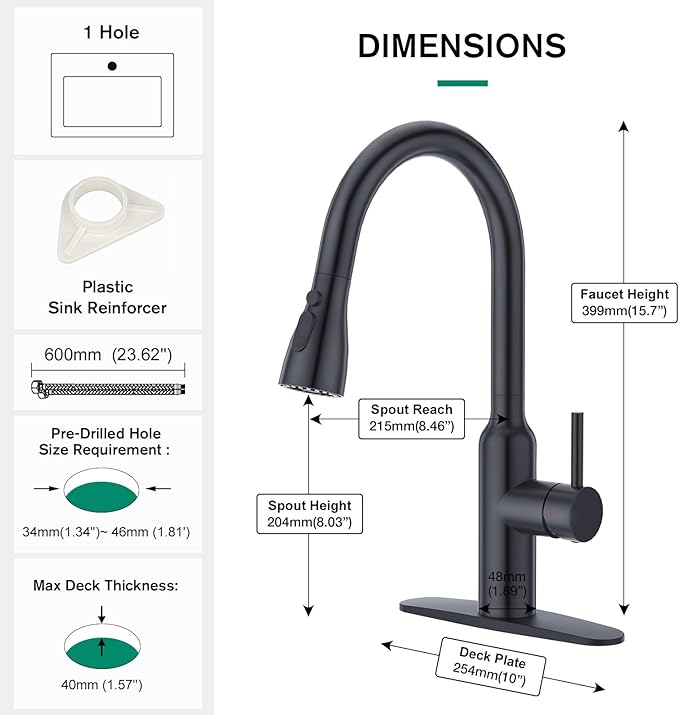 CREA Black Kitchen Faucet, Pull Down Kitchen Faucets with Sprayer 3 Modes, Uitility Laundry Faucets Single Hole Bar Sink Faucet 360° Swivel High Arc Stainless Steel RV Faucet, Matte Black