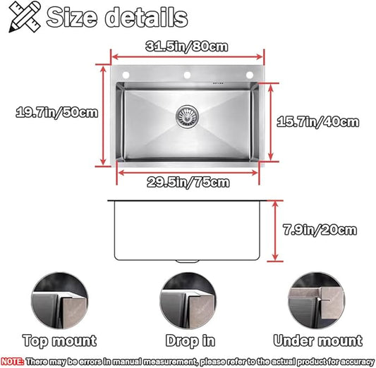 31.5 * 19.7in Drop In Kitchen Sink,Silver Gray Stainless Steel Single Bowl Sink,Topmount Workstation Sink With Pull Out Faucet,Soap Dispenser And Drain Basket
