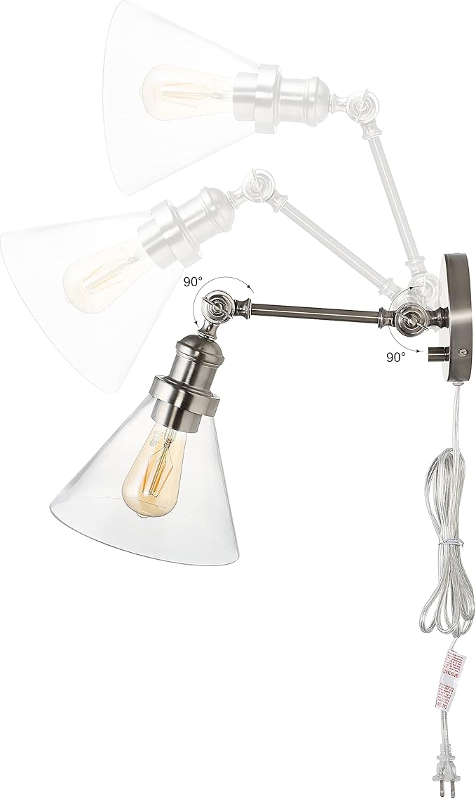 JONATHAN Y 8" Nickel Adjustable LED Wall Sconce, Plug-in Wall Lamp with Dimmer Switch, Clear Glass Shade for Bedroom Living Room Kitchen, LED Bulb Included (JYL7575B)