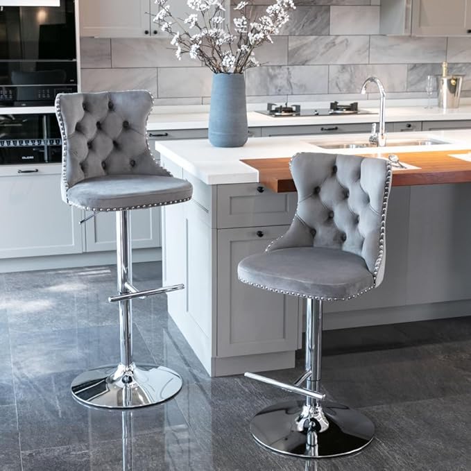 17.7 inch Base, Modern Upholstered Bar Stools with Backs Comfortable Tufted for Home Pub and Kitchen Island,Gray,Set of 2 (Gray + Velvet + Foam-3)