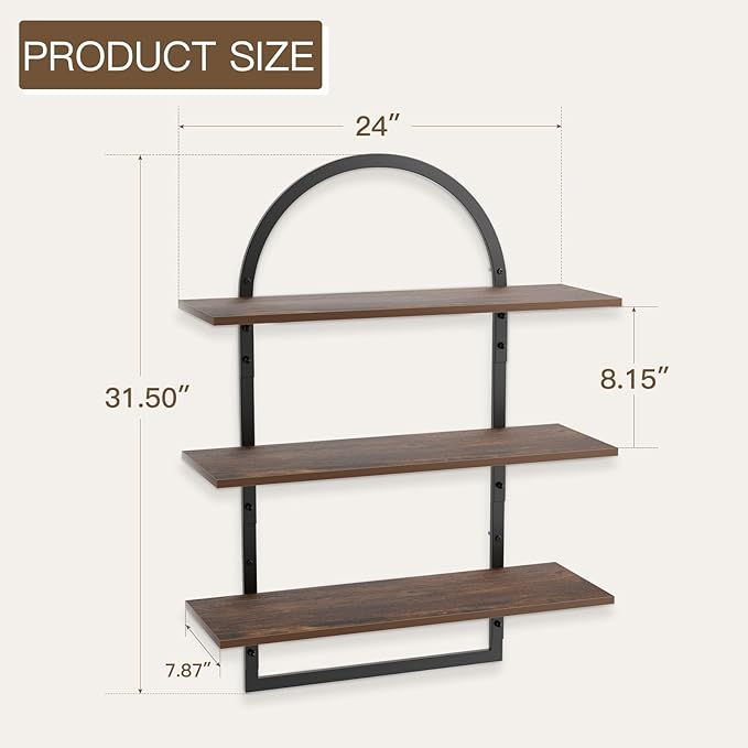 Floating Shelf for Wall - 3 Tier 24"x 31.5" Shelves for Room Wall for Bathroom, Bedroom, Toilet, Kitchen, Living Room, Office, Rustic Brown
