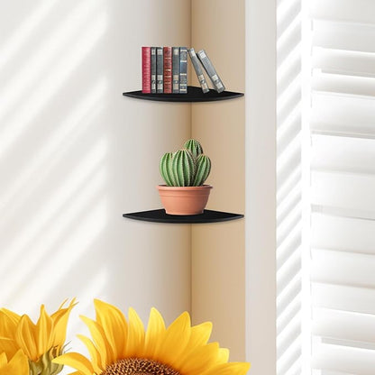 JJL Corner Shelf Wall Mounted, 12-Inch Sector Wood Floating Corner Shelves with Wire Hole, Set of 2 Circular arc Corner Shelf for Bedroom Corner Decoration, Black