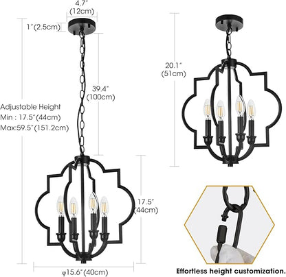 4-Light Black Farmhouse Chandelier, 15.6" Rustic Geometric Pendant Light Fixtures, Adjustable Height Metal Industrial Hanging Light for Kitchen Island Dining Room Hallway Foyer Entryway