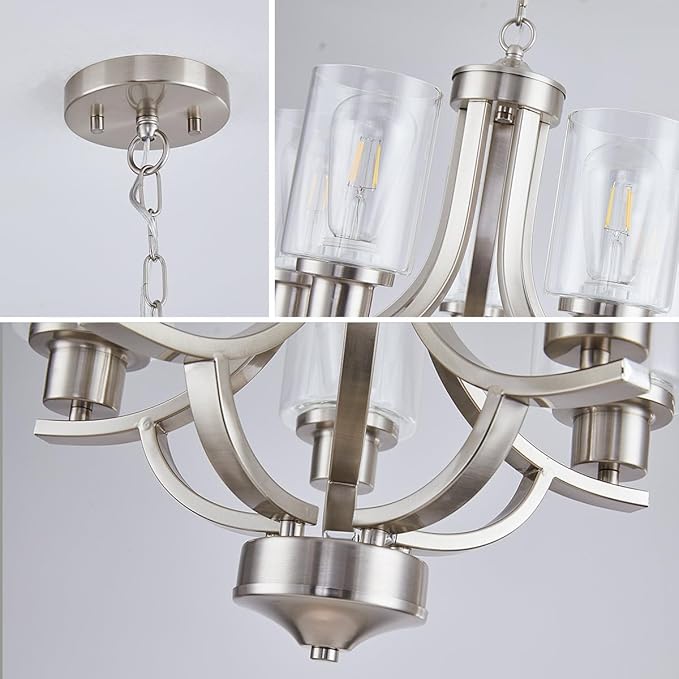 5-Light Dining Room Chandelier,Modern Small Chandeliers Farmhouse High Ceiling Pendant Light Fixtures for Living Room,Kitchen,Foyer,Bedroom (Brushed Nickel)