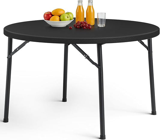48" Folding Round Table, Heavy Duty Plastic Commercial Dinner Table with Foldable Steel Legs, Portable Banquet Table for Party, Events, Office, Indoor, Outdoor, Black