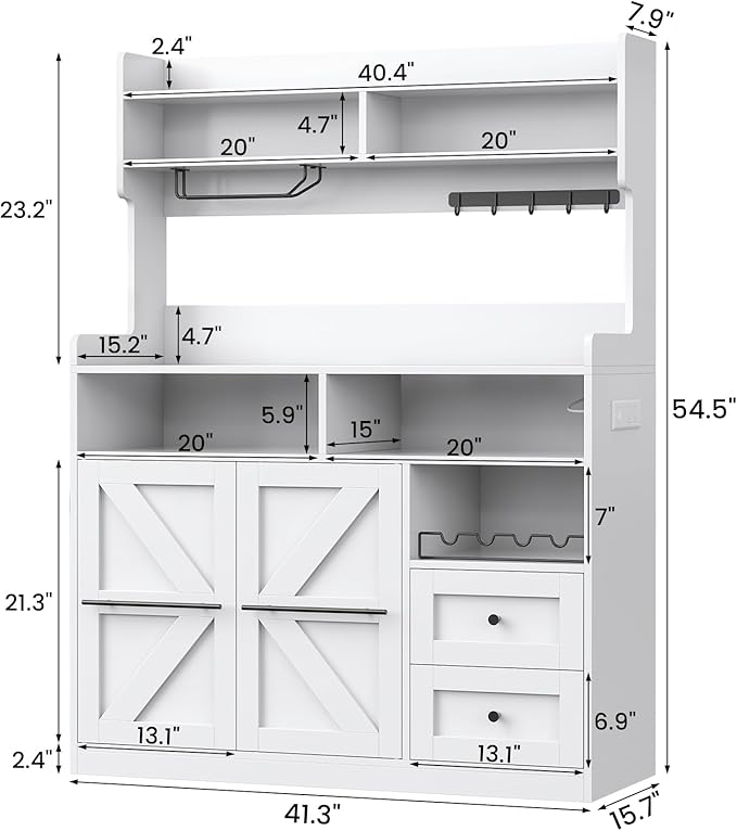 VVFLU Hutch Storage Buffet Cabinet with Drawers, and Charging Station, Coffee Bar Cabinet with Barn Doors, Wine Rack and Hooks, White Wood Sideboard Buffet for Kitchen, Dining Room, 54.5" High