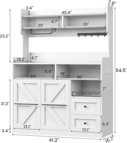 VVFLU Hutch Storage Buffet Cabinet with Drawers, and Charging Station, Coffee Bar Cabinet with Barn Doors, Wine Rack and Hooks, White Wood Sideboard Buffet for Kitchen, Dining Room, 54.5" High