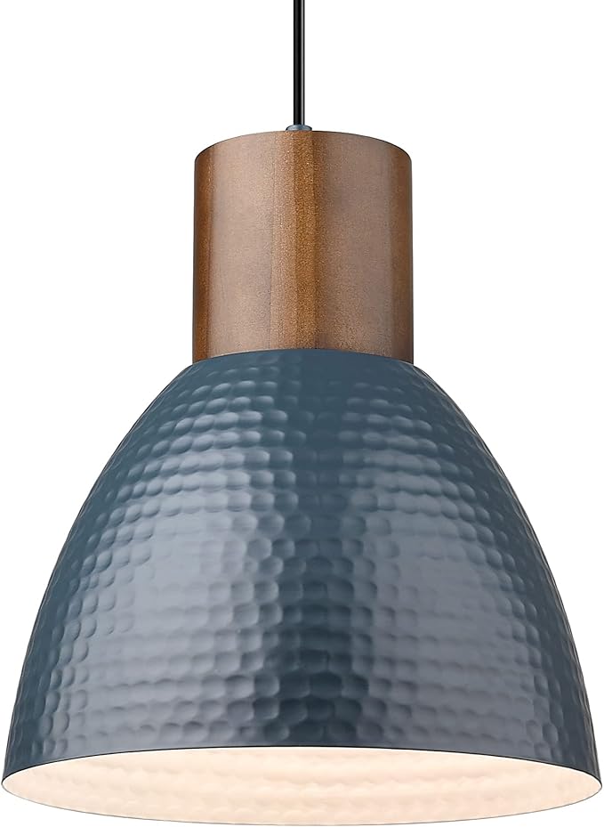 ELYONA Hammered Pendant Light for Kitchen Island, 10.2” Metal Solid Wood Bar Hanging Lamp, Adjustable Height Industrial Pendant Lighting for Dining Room, Bedroom, Bar, Office, Modern Blue