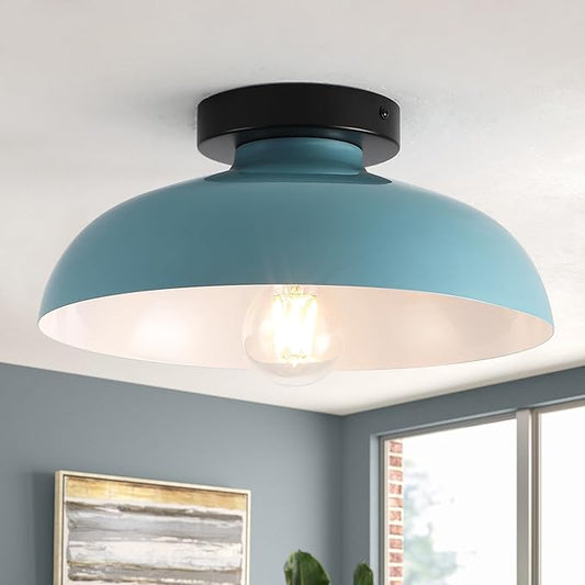 Semi Flush Mount Ceiling Lights, 12 Inch Metal Small Ceiling Light for Kids Room Industrial Close to Ceiling Light Fixtures with Light Blue Shade for Entryway Kitchen Hallway Bedroom Bathroom Laundry