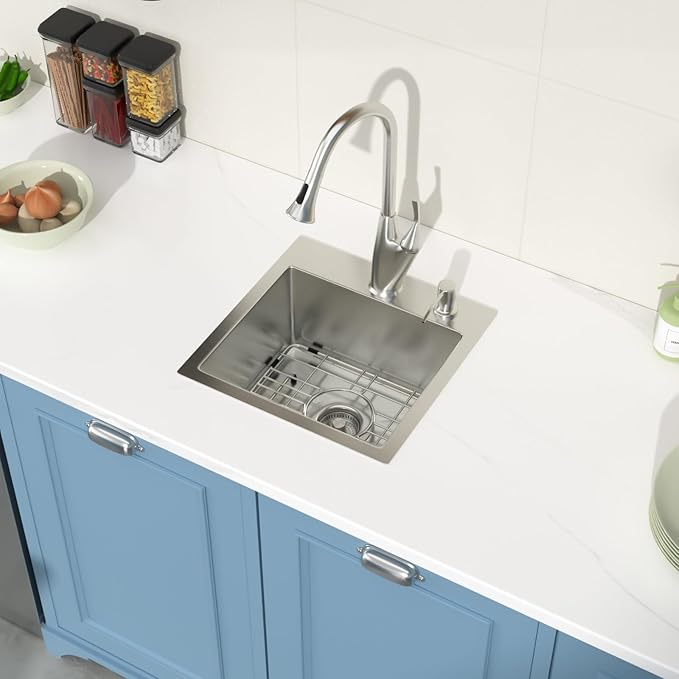 Drop in Bar Sink 15x15 Inch 16 Gauge Stainless Steel Handmade Topmount Kitchen Sink Single Bowl - 8 Inches Deep