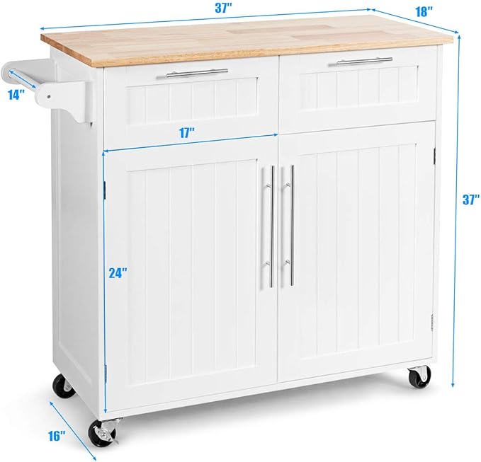 Giantex Kitchen Island Cart, Rolling Island Table with Rubber Wood Tabletop, 2 Drawers, Storage Cabinet & Towel Rack, Bar Kitchen Cart On Wheels for Dining Room (White)