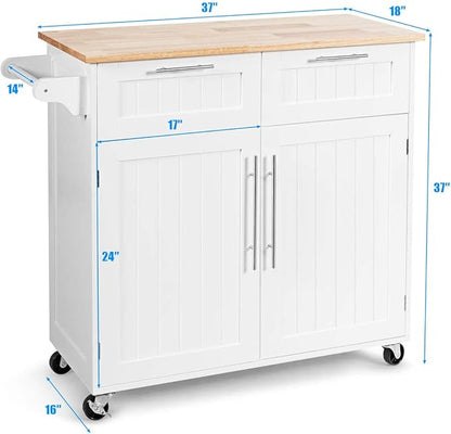 Giantex Kitchen Island Cart, Rolling Island Table with Rubber Wood Tabletop, 2 Drawers, Storage Cabinet & Towel Rack, Bar Kitchen Cart On Wheels for Dining Room (White)