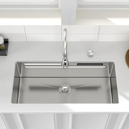 Logmey 33" Undermount Waterfall Sink with Pull-out Faucet & Temperature Control Knob,Nano PVD 33x17 Double Step Workstation Kitchen Sink,16 Gauge All in One Single Bowl Sinks