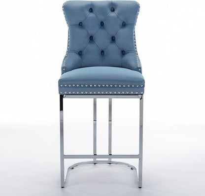 26" Counter Height Bar Stools Set of 2, Velvet Bar stools with Button BackRivet Trim Upholstered Kitchen Island Chairs with Sturdy Chromed Metal Base Legs Bar Stools,Light Blue,2 Pack