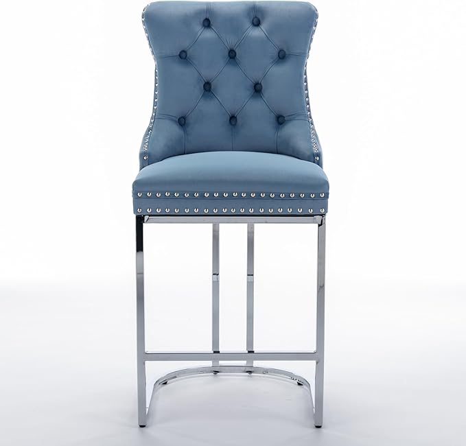 26" Counter Height Bar Stools Set of 2, Velvet Bar stools with Button BackRivet Trim Upholstered Kitchen Island Chairs with Sturdy Chromed Metal Base Legs Bar Stools,Light Blue,2 Pack