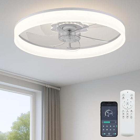 Fszdorj 20'' Ceiling Fan with Light, Upgraded Low Profile Fan, Flush Mount Ceiling Fan, 6 Speeds, Dimmable LED, App & Remote Control, Quiet DC Motor, for Bedroom, Living Room, F116 White