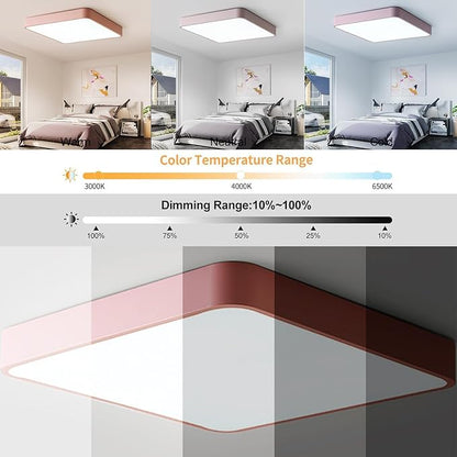 LED Ceiling Light Fixture,16 Inch Modern Square Recessed Ceiling Lights, Dimmable Light,36W Pink Close to Ceiling Lighting Flush Mount Living Room Bedroom,3000K-6000K