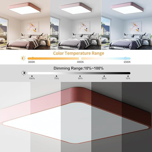 LED Ceiling Light Fixture,20 Inch Modern Square Recessed Ceiling Lights,Dimmable Light,48W Pink 3000K-6000K Close to Ceiling Lighting Flush Mount Living Room Bedroom