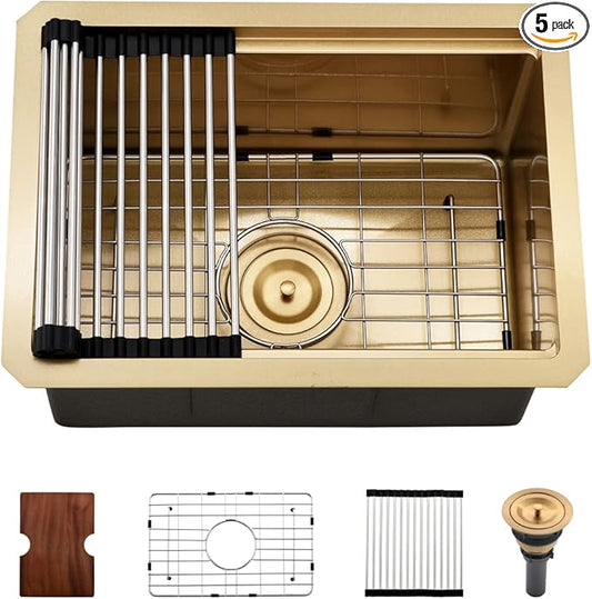 Gold Bar Sink Undermount Workstation-Bokaiya 14x19 Inch Gold Kitchen Sink Undermount Wet Bar Sink 16 Gauge Single Bowl Stainless Steel Workstation Bar Sinks with Cutting Board
