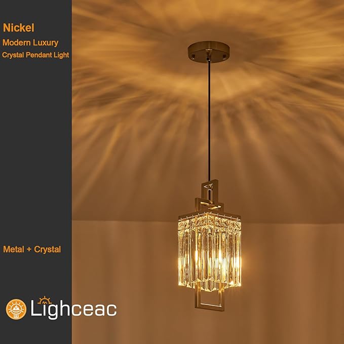 Modern Brushed Nickel Pendant Light Fixture for Kitchen Island and Dining Room, Industrial Small Hanging Crystal Chandelier Light Fixture for Bedroom Entryway Living room Foyer Hallway 3-Pack