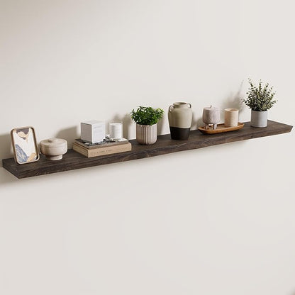 Axeman 55 inch Floating Shelves for Wall - 8'' D Live Edge Rustic Solid Elm Wood Floating Shelves Wall Mounted, Hanging Shelves with Invisible Bracket for Living Room Bedroom Kitchen, Walnut