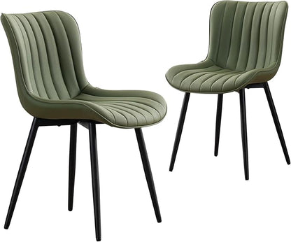 YOUNUOKE Mid-Century Modern Dining Chairs Set of 2, Olive Green Faux Leather Upholstered Accent Chairs with Black Metal Legs, Armless Side Chair for Dining Room, Guest Reception Room