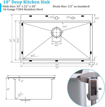 33x22 Drop in Kitchen Sink, Single Bowl Ledge Workstation 16 Gauge Stainless Steel Kitchen Sink Top Mount 2 Holes 10 Inch Deep (33"x22"10")
