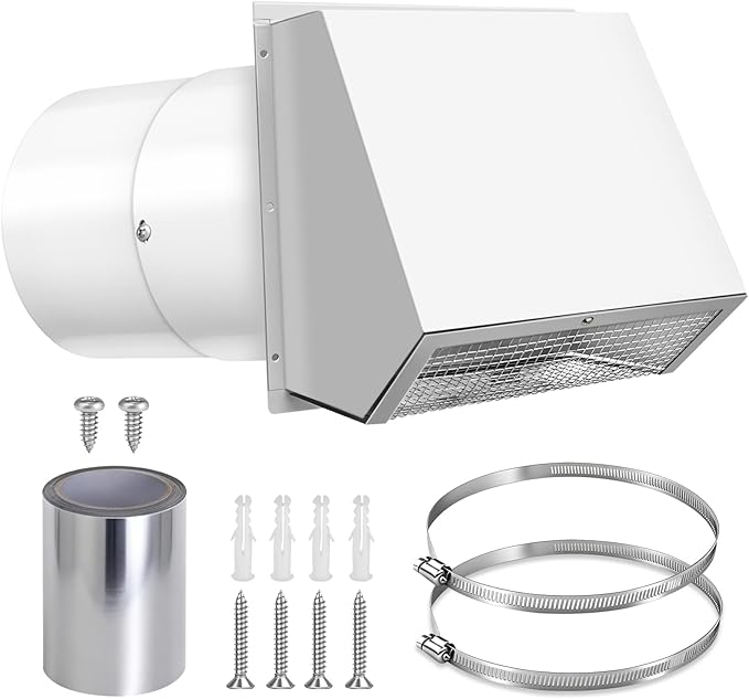 8 Inch Hooded Wall Vent with Screen and Damper, 8 Inch Range Hood Wall Vent Cap, Wall Exhaust Vent Cover, Outdoor Hooded Wall Vent for Dryer Vent, Range Hood, Kitchen, White