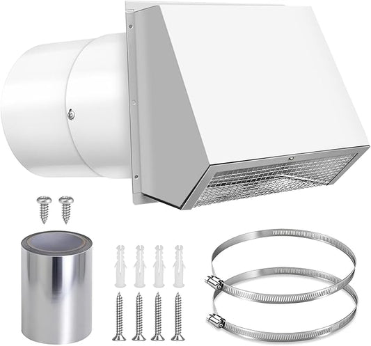8 Inch Hooded Wall Vent with Screen and Damper, 8 Inch Range Hood Wall Vent Cap, Wall Exhaust Vent Cover, Outdoor Hooded Wall Vent for Dryer Vent, Range Hood, Kitchen, White
