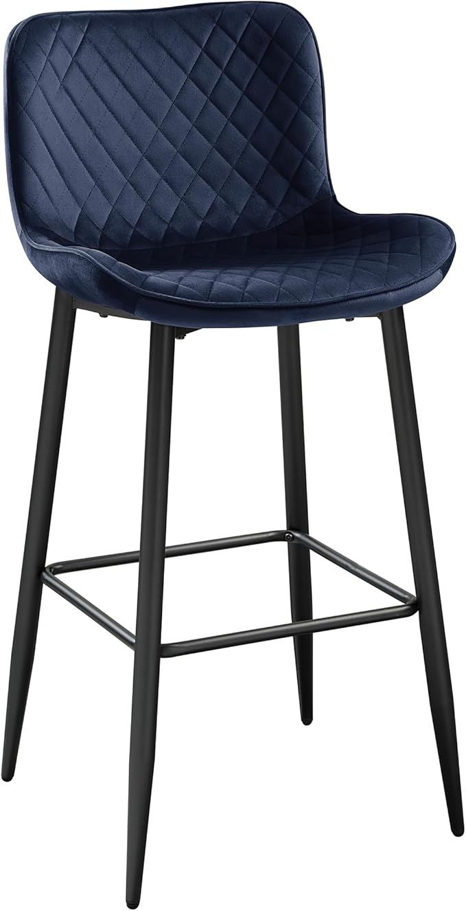 Lexicon Bar Stools Set of 2 - Bar Height Stools for Dining Room, Kitchen, Solid Padded Back, Tall, Black Metal Finish and Blue Velvet Cushion Seat, 29''SH