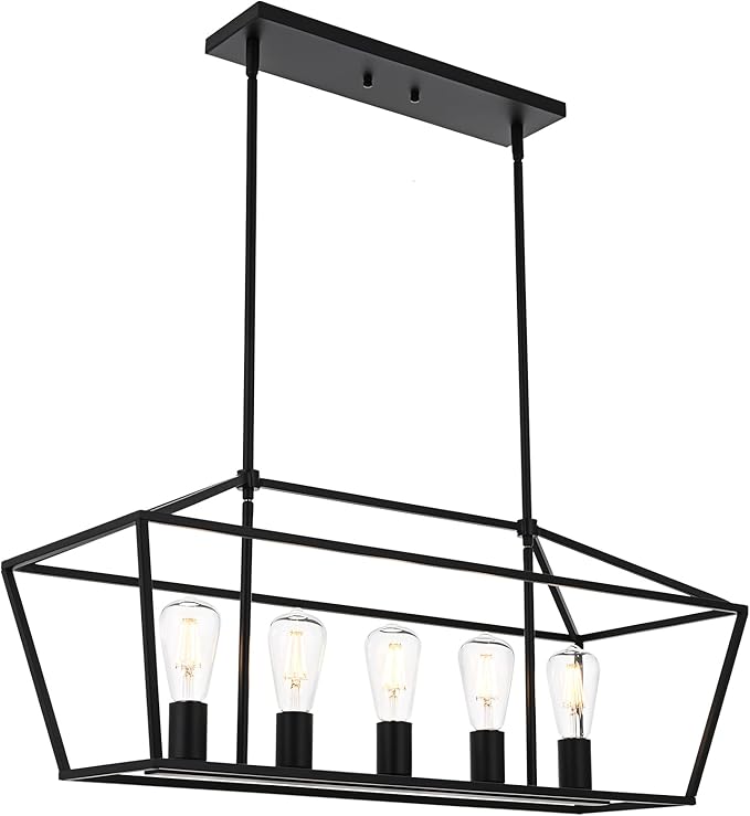 VINLUZ Farmhouse Kitchen Island Lighting,5 Light Industrial Linear Chandelier for Dining Room Metal Matte Black Finish Hanging Pendant Light Fixture for Bedroom Living Room Hallway