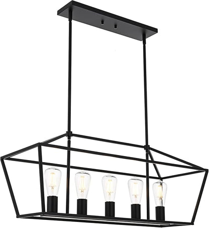 VINLUZ Farmhouse Kitchen Island Lighting,5 Light Industrial Linear Chandelier for Dining Room Metal Matte Black Finish Hanging Pendant Light Fixture for Bedroom Living Room Hallway