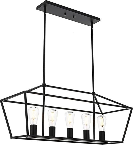 VINLUZ Farmhouse Kitchen Island Lighting,5 Light Industrial Linear Chandelier for Dining Room Metal Matte Black Finish Hanging Pendant Light Fixture for Bedroom Living Room Hallway