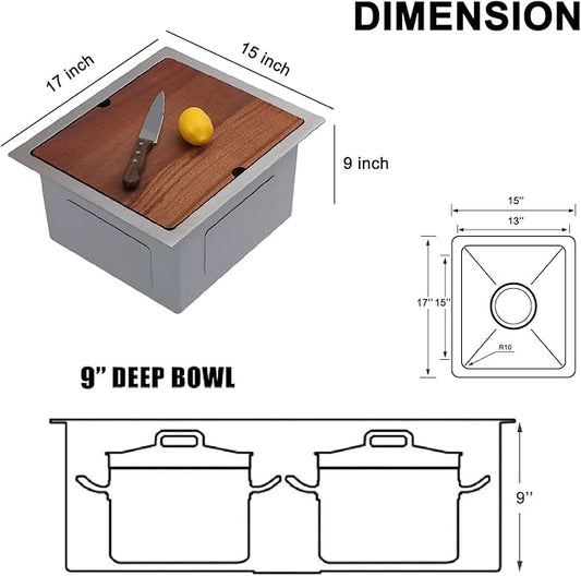 15x17" Undermount Bar Sink, 15 Inch Stainless Steel Single Bowl Small Kitchen Prep Wet RV Platio Sink Workstation 16 Gauge with Accessories