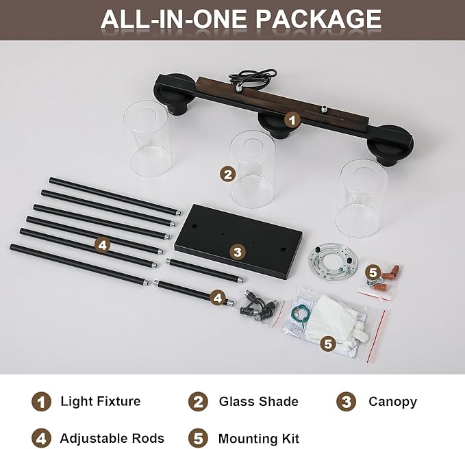 Mecgirn Farmhouse Dining Room Light Fixtures Over Table, Black Pendant Lights for Kitchen Island, 3 Light Linear Chandelier Lighting with Wood